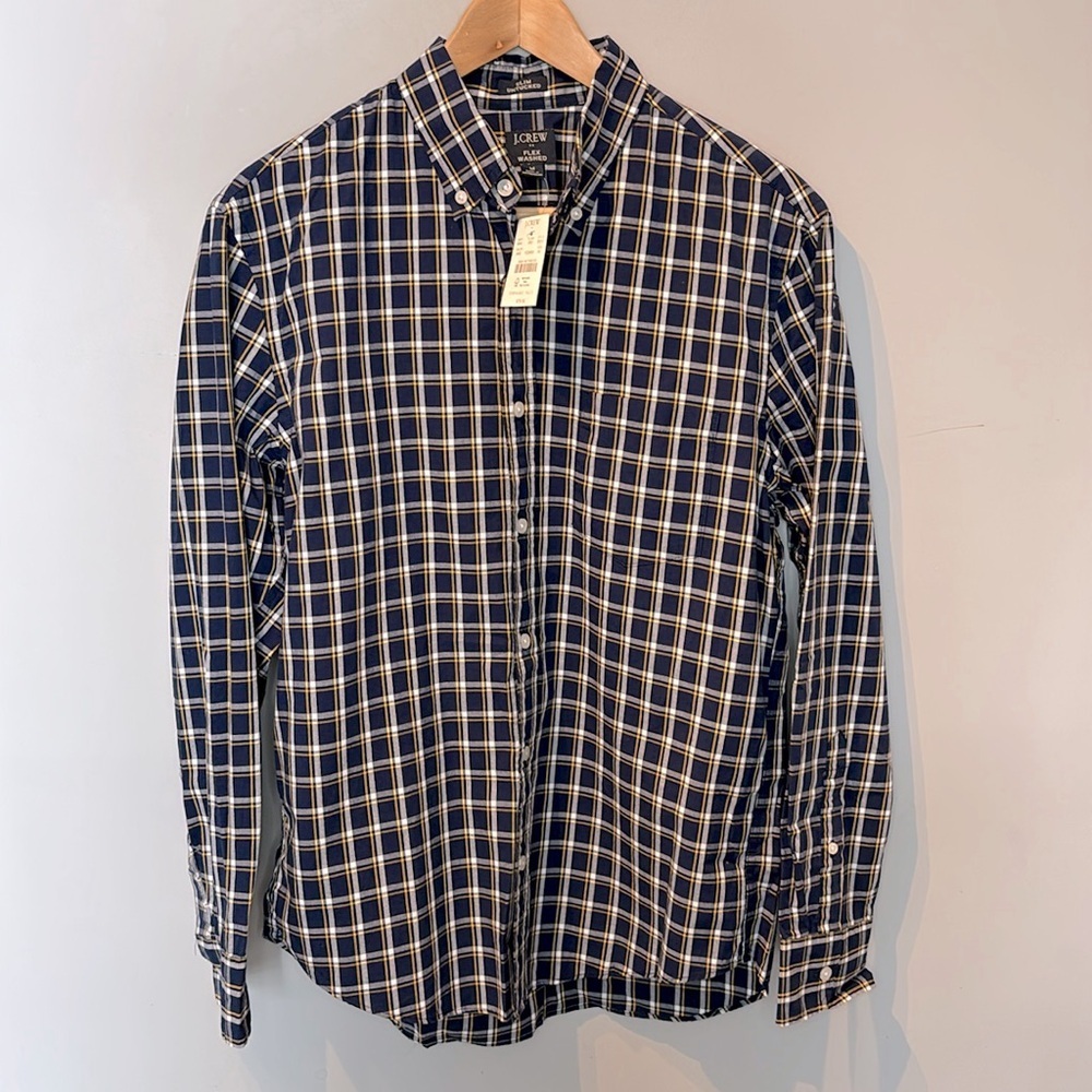 NWT J Crew Flex Navy Plaid Cotton Button Down Shirt - Picture 2 of 7